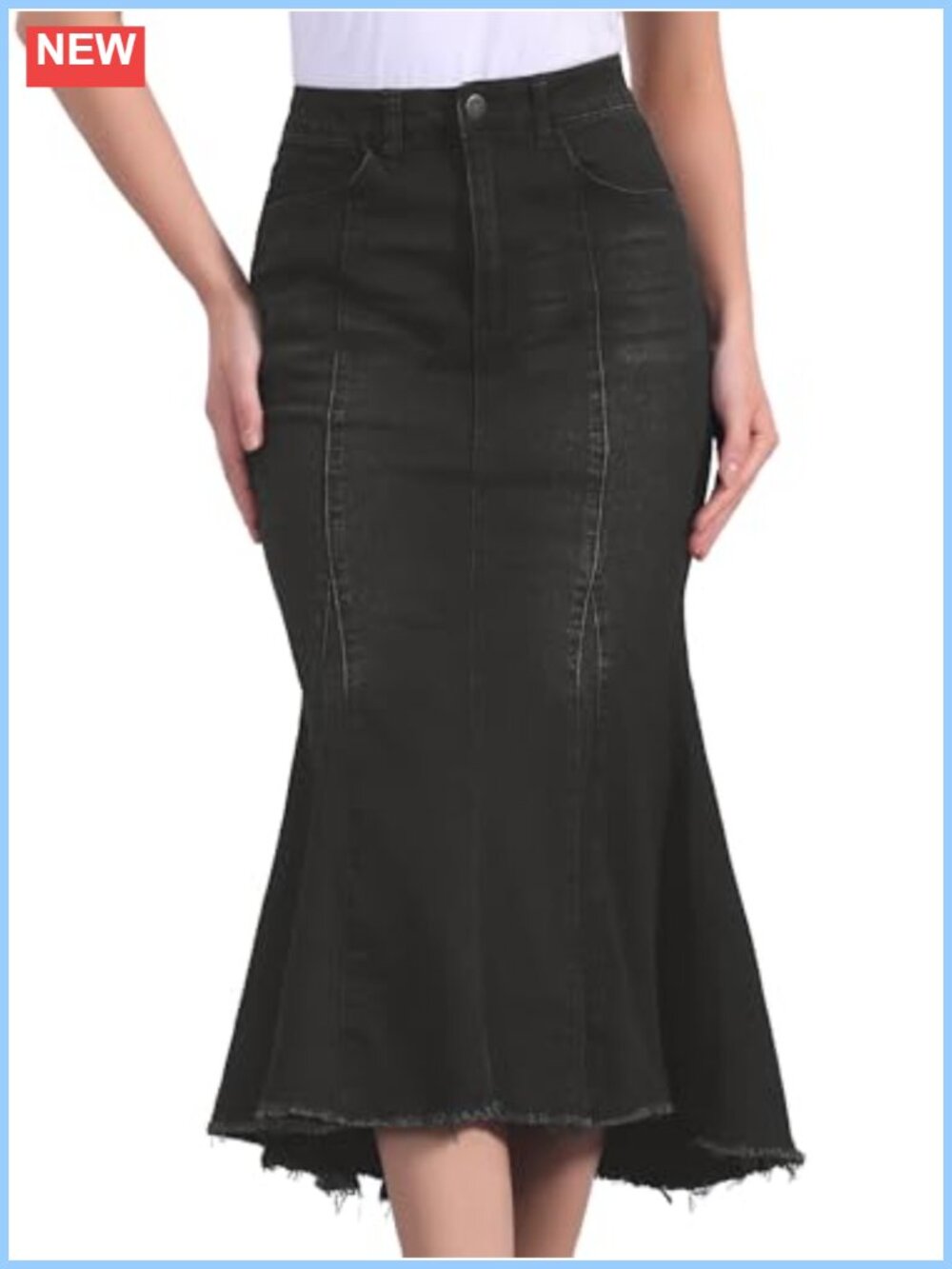Washed Fishtail Denim Skirt High Waist Midi Raw Hem Stretch Jean Skirt